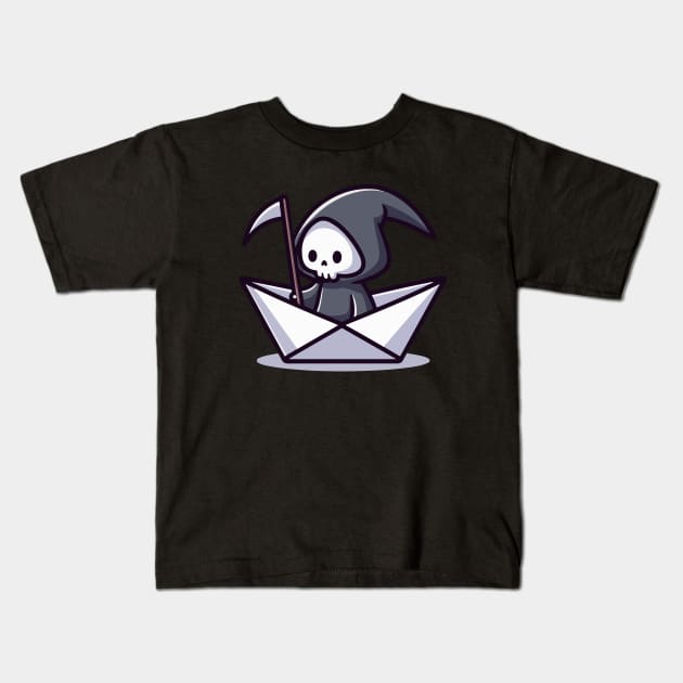 Cute grim reaper on Paper boat Kids T-Shirt by fikriamrullah